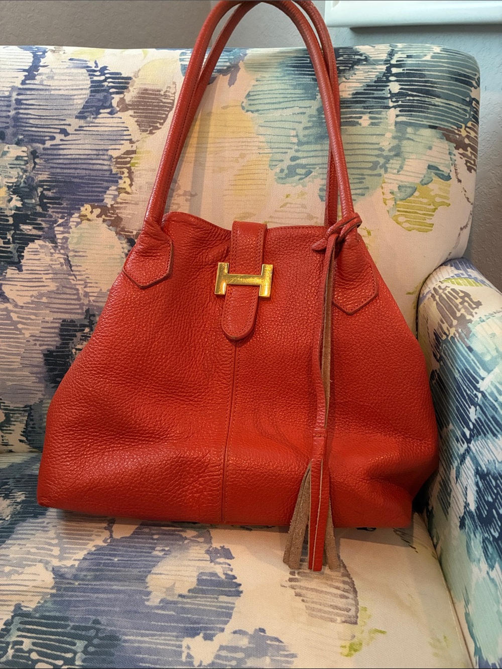 Red Pebbled Leather Shoulder Tote with Gold Accent